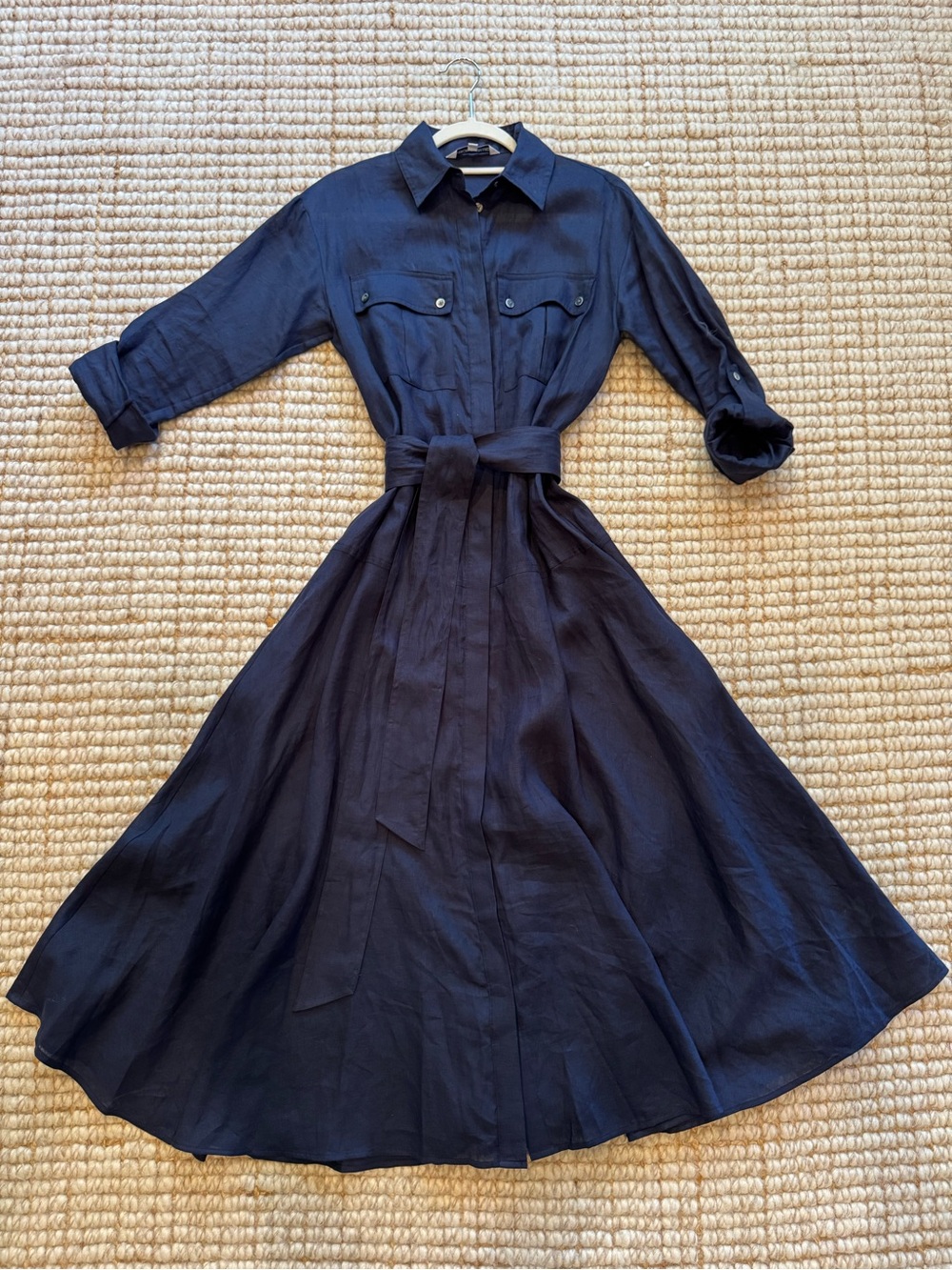 Veronica Beard Navy Linen Button-Front Midi Shirt Dress with Waist Tie